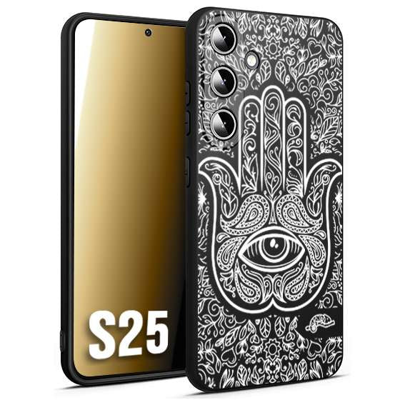 CUSTOMIZZA - Custodia cover nera morbida in tpu compatibile per Samsung S25 mano di fatima effetto rilievo mandala donna