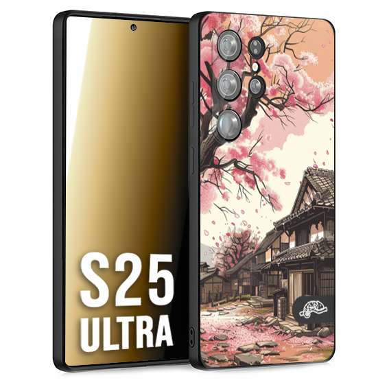 CUSTOMIZZA - Custodia cover nera morbida in tpu compatibile per Samsung S25 ULTRA casa giapponese rosa ciliegio in fiore disegnata tattoo