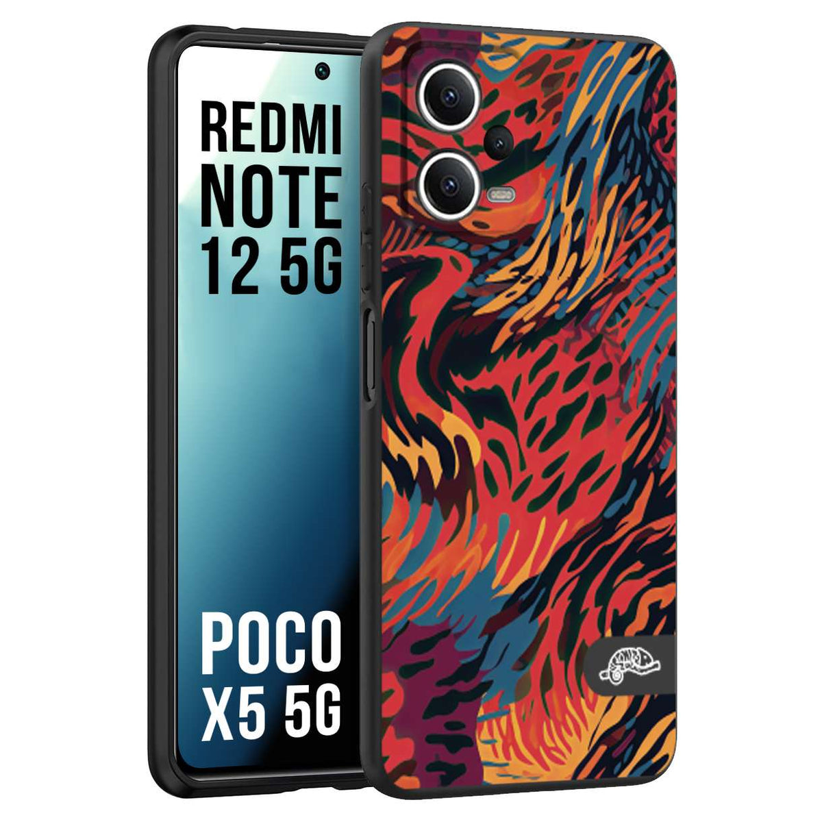 CUSTOMIZZA - Custodia cover nera morbida in tpu compatibile per Xiaomi Redmi Note 12 5G - POCO X5 5G leopardato maculato tigrato colorata fiamme rossa blu arancione