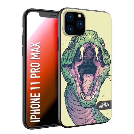 CUSTOMIZZA - Custodia cover nera morbida in tpu compatibile per iPhone 11 PRO MAX snake yellow green serpente tatuaggio tattoo disegnato a mano