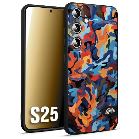 CUSTOMIZZA - Custodia cover nera morbida in tpu compatibile per Samsung S25 camouflage mimetico militare moderno blu arancio rosso