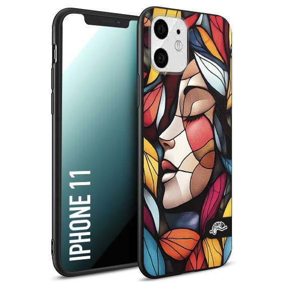 CUSTOMIZZA - Custodia cover nera morbida in tpu compatibile per iPhone 11 Vetrata artistica volto di donna profilo fogliare mosaico di vetro colorato