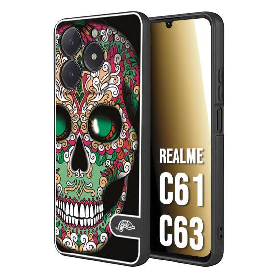 CUSTOMIZZA - Custodia cover nera morbida in tpu compatibile per Oppo C61 - C63 teschio messicano Mexican skull verde fucsia
