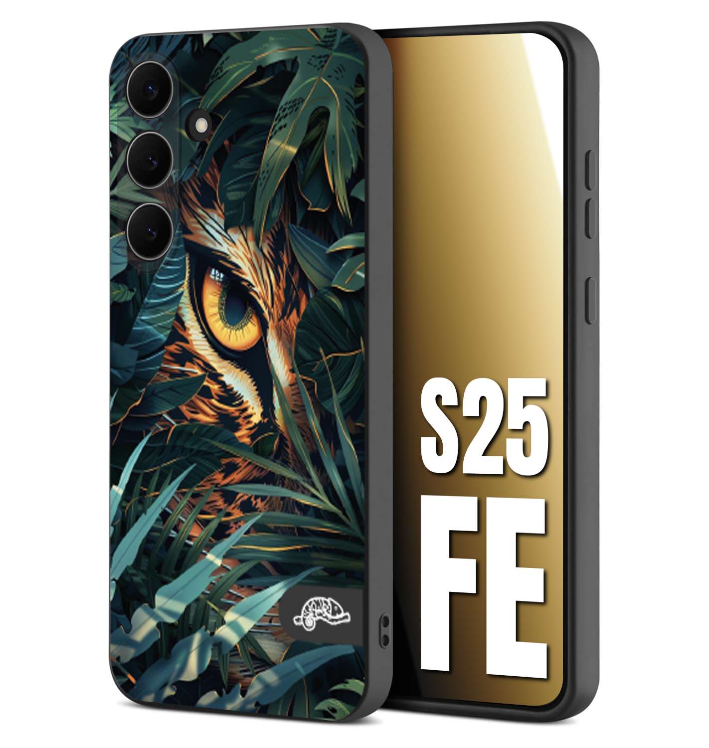 CUSTOMIZZA - Custodia cover nera morbida in tpu compatibile per Samsung S25 FE animali color giungla tropicale occhio di giaguaro felino disegnato