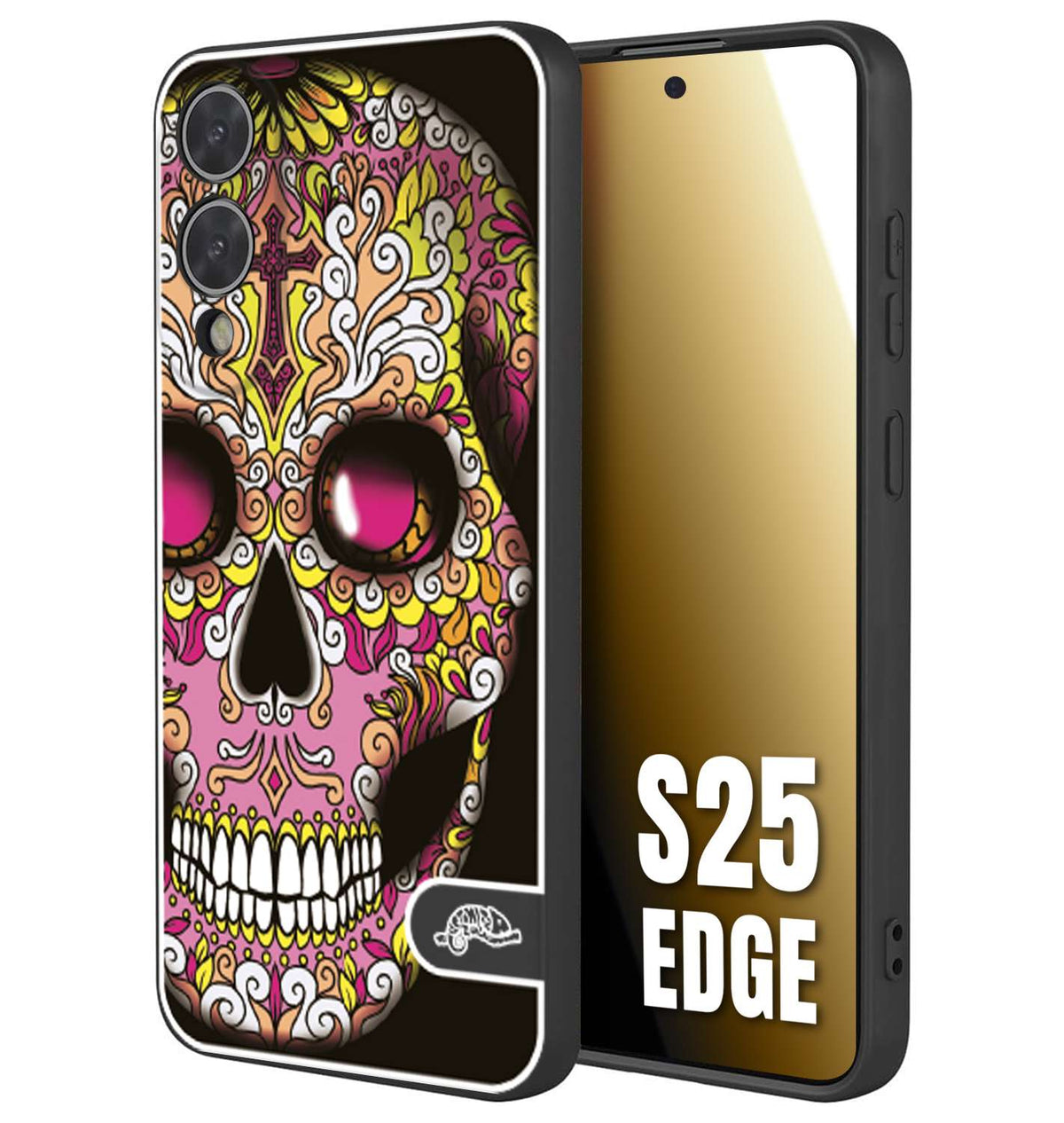 CUSTOMIZZA - Custodia cover nera morbida in tpu compatibile per Samsung S25 EDGE teschio messicano Mexican skull rosa gialla