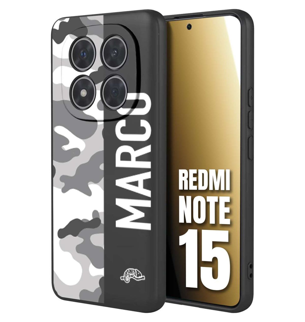 CUSTOMIZZA - Custodia cover nera morbida in tpu compatibile per Xiaomi Redmi Note 15 camouflage mimetico militare personalizzata nome bianco