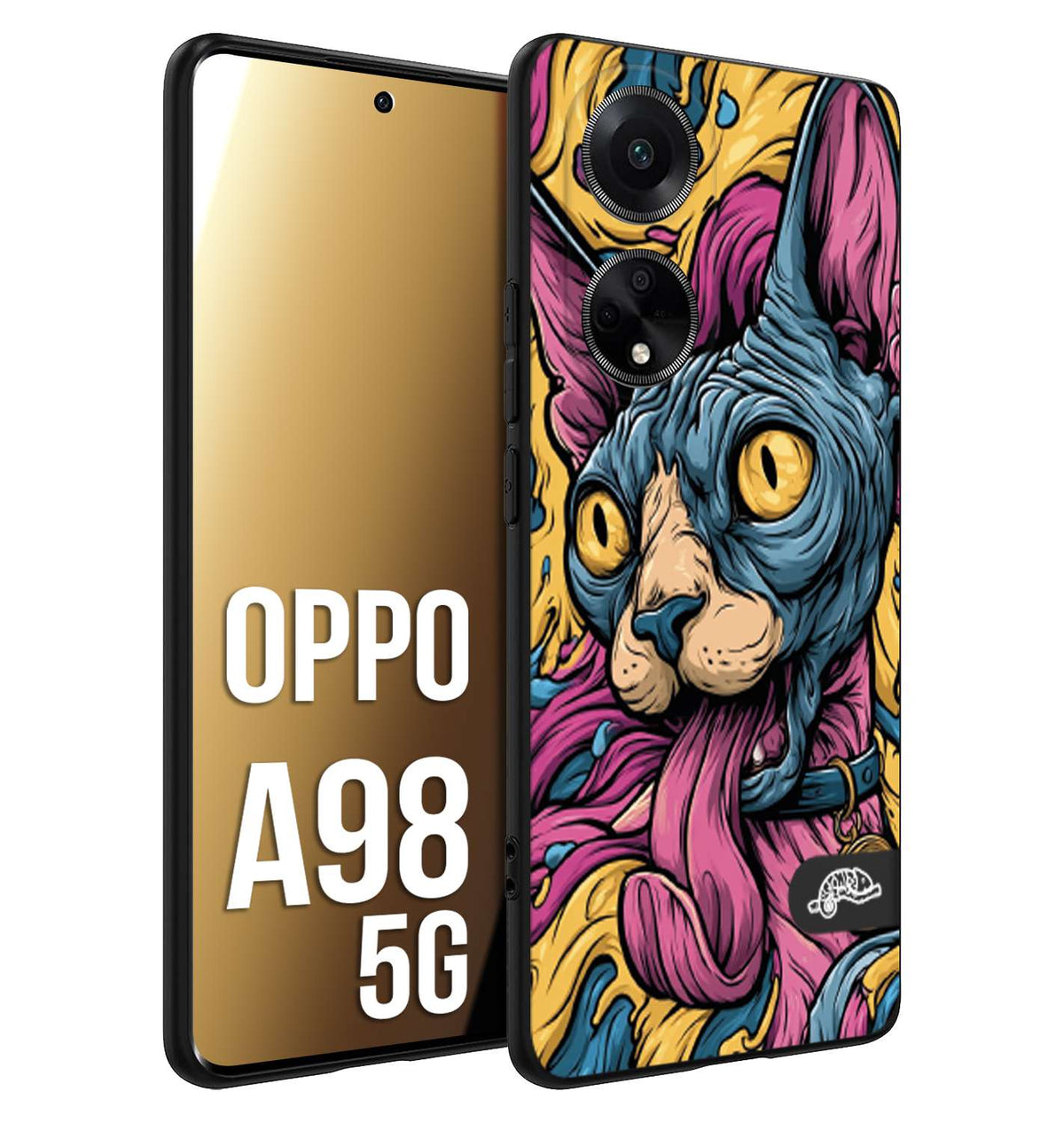 CUSTOMIZZA - Custodia cover nera morbida in tpu compatibile per Oppo A98 5G Sphynx Colorato Pop Art Psichedelico Gatto Blu Rosa Giallo Artistica Fantasy