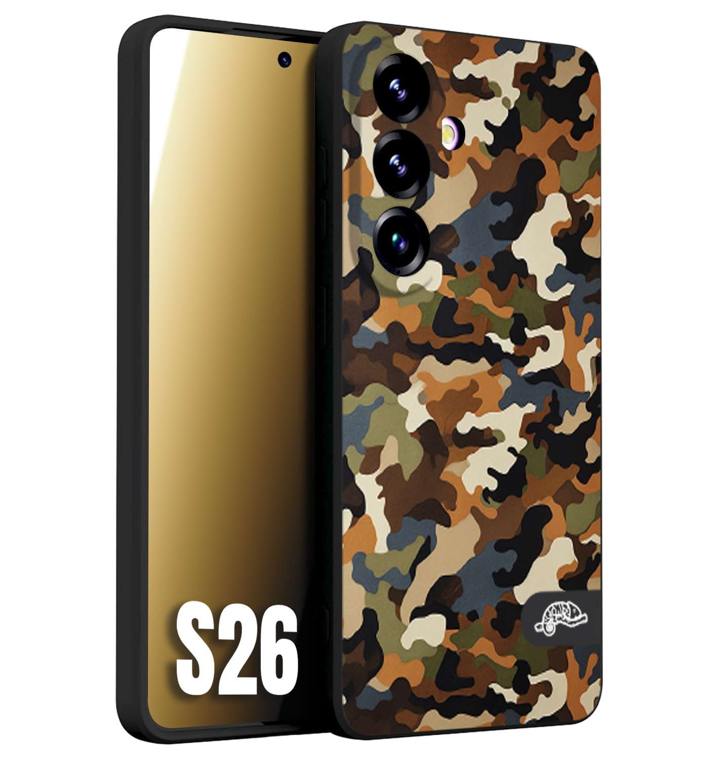 CUSTOMIZZA - Custodia cover nera morbida in tpu compatibile per Samsung S26 camouflage mimetico militare moderno blu marrone beige