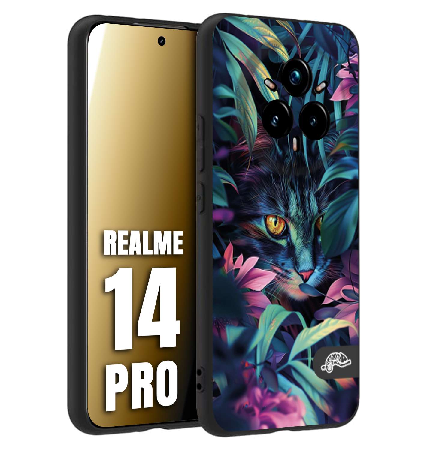 CUSTOMIZZA - Custodia cover nera morbida in tpu compatibile per Realme 14 PRO animali color giungla tropicale occhio di gatto colori vibranti disegnato