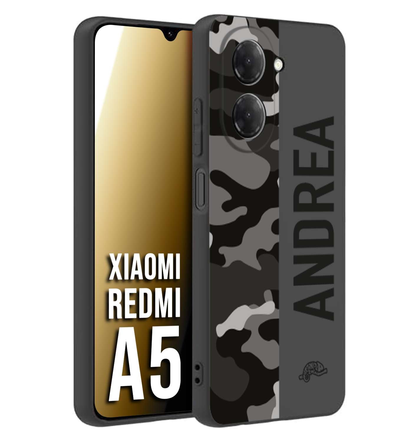 CUSTOMIZZA - Custodia cover nera morbida in tpu compatibile per Xiaomi Redmi A5 camouflage mimetico militare personalizzata nome