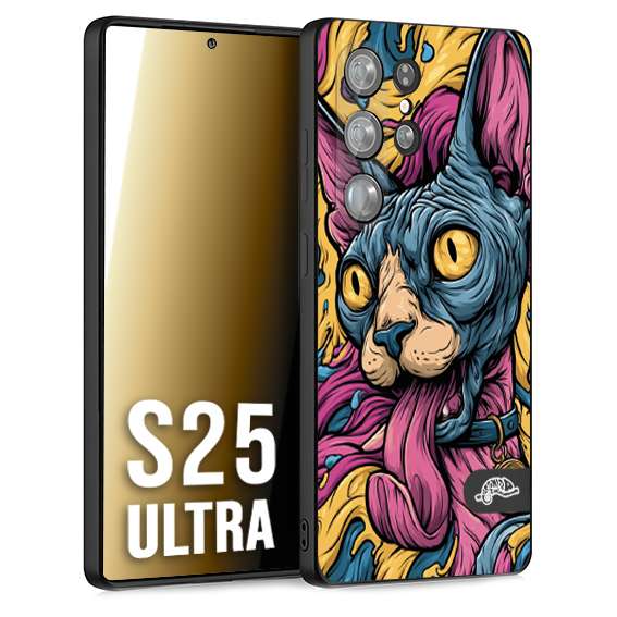 CUSTOMIZZA - Custodia cover nera morbida in tpu compatibile per Samsung S25 ULTRA Sphynx Colorato Pop Art Psichedelico Gatto Blu Rosa Giallo Artistica Fantasy