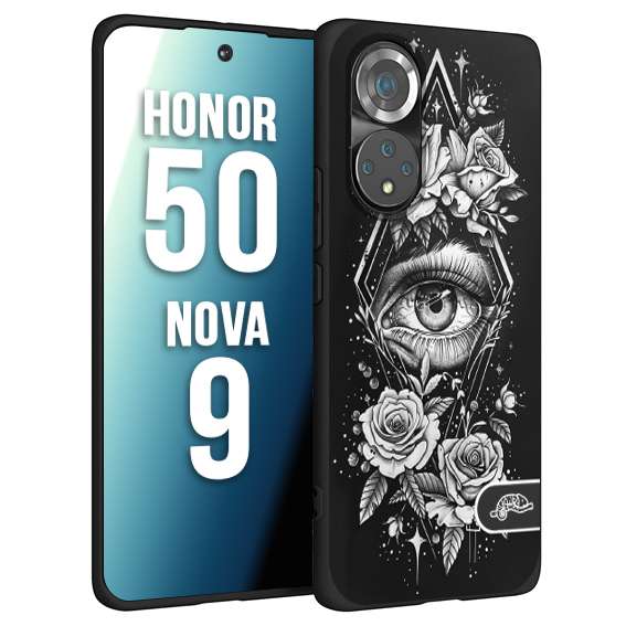 CUSTOMIZZA - Custodia cover nera morbida in tpu compatibile per Huawei Nova 9 - Honor 50 occhio fiori rombo geometrico black and white bianco a rilievo disegnato tattoo tatuaggio