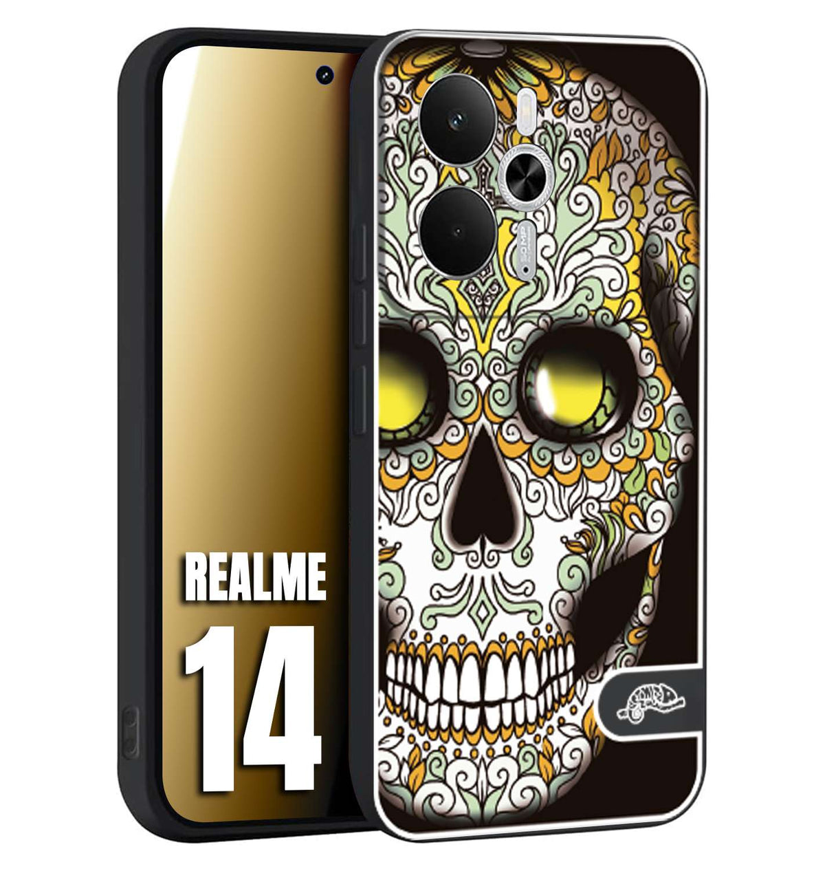 CUSTOMIZZA - Custodia cover nera morbida in tpu compatibile per Realme 14 5G teschio messicano Mexican skull bianco verde giallo