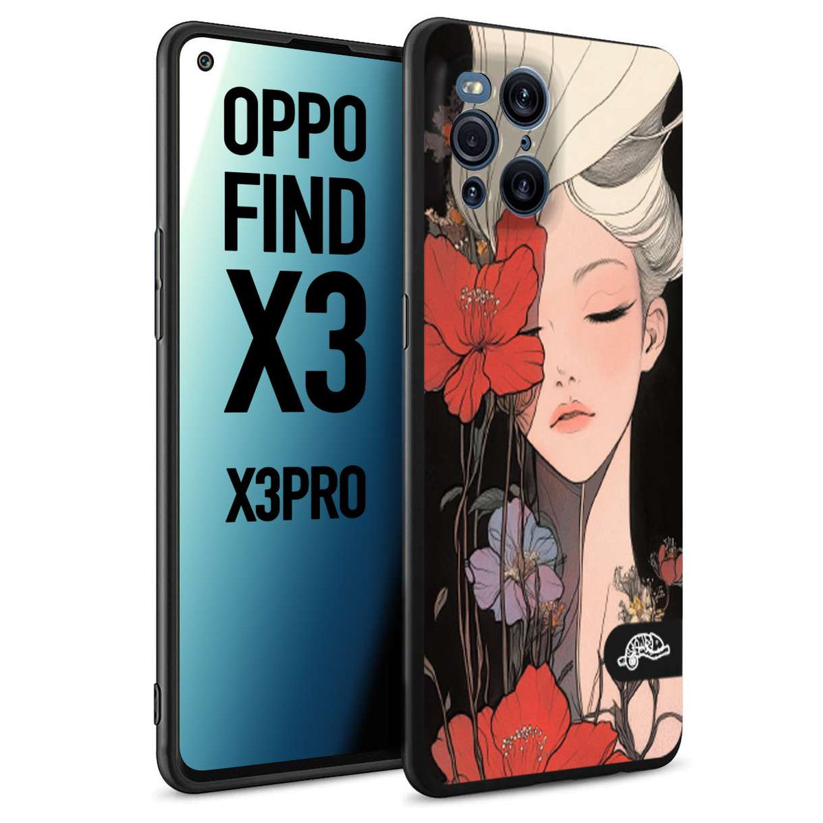 CUSTOMIZZA - Custodia cover nera morbida in tpu compatibile per Oppo Find X3 - Find X3 Pro 5G woman flower Fantasia Floreale Design Donna e Fiori, Retro Artistico