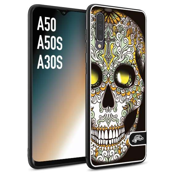 CUSTOMIZZA - Custodia cover nera morbida in tpu compatibile per Samsung A50 - A50S - A30S teschio messicano Mexican skull bianco verde giallo