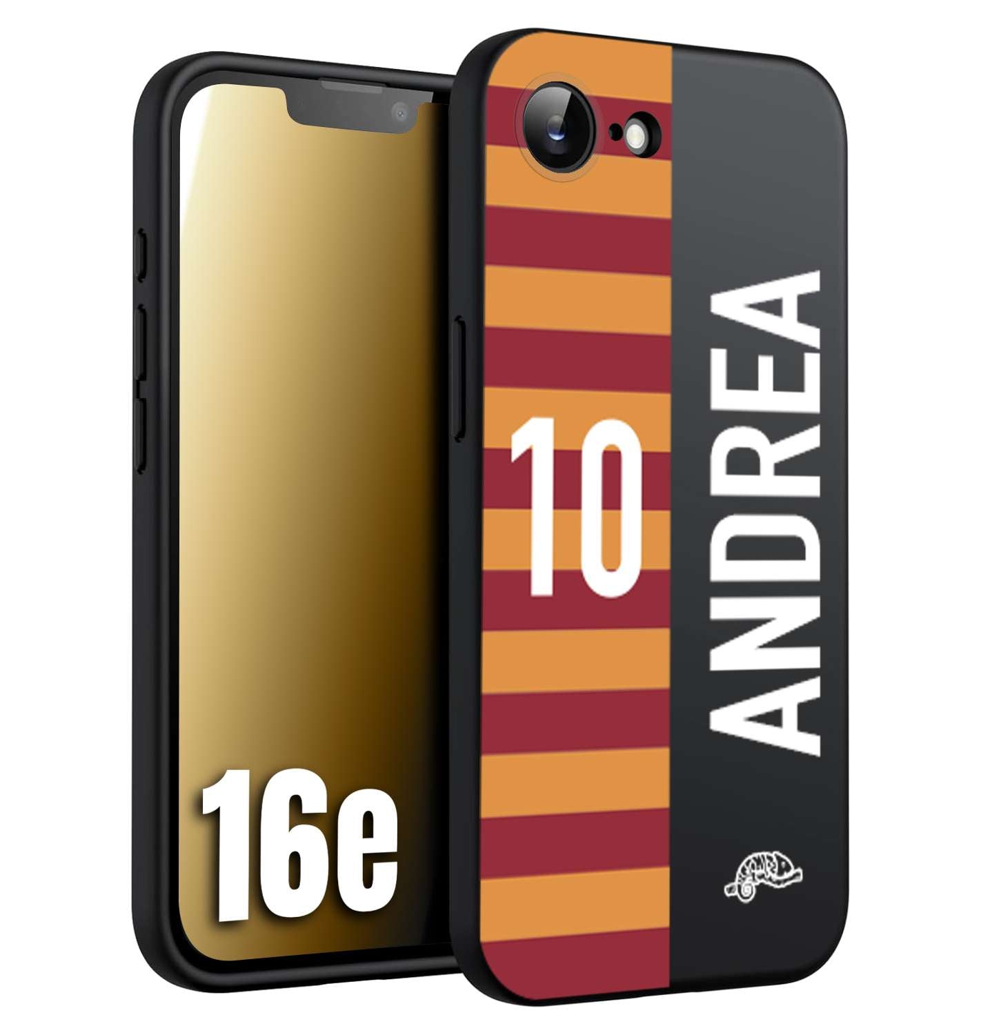 CUSTOMIZZA - Custodia cover nera morbida in tpu compatibile per iPhone 16E personalizzata calcio football nome e numero calciatori giallo rossi