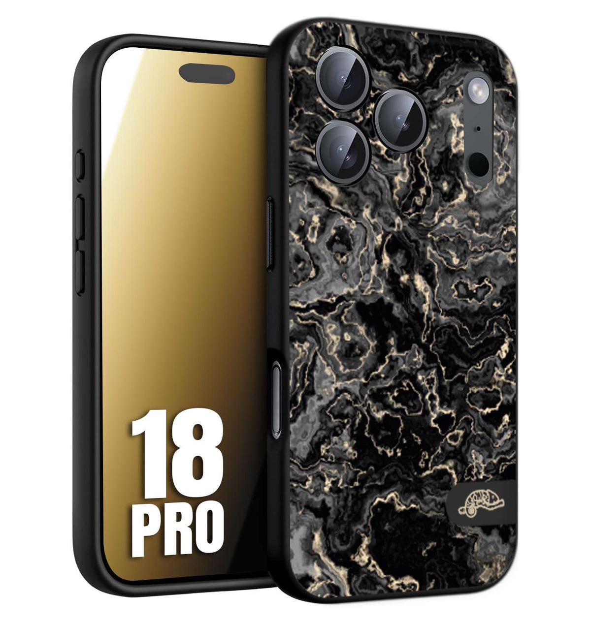 CUSTOMIZZA - Custodia cover nera morbida in tpu compatibile per iPhone 18 PRO effetto marmo marble nero black venature dorato pietra