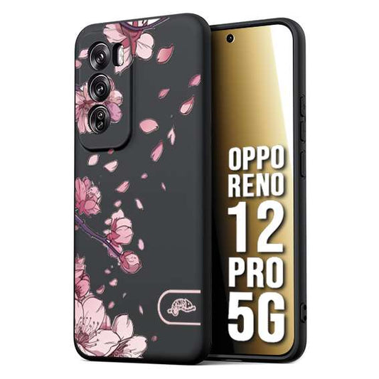 CUSTOMIZZA - Custodia cover nera morbida in tpu compatibile per Oppo Reno 12 PRO 5G giapponese fiori di ciliegio in fiore a rilievo disegnata tattoo