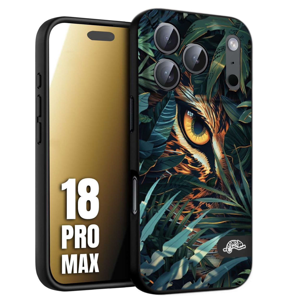 CUSTOMIZZA - Custodia cover nera morbida in tpu compatibile per iPhone 18 PRO MAX animali color giungla tropicale occhio di giaguaro felino disegnato