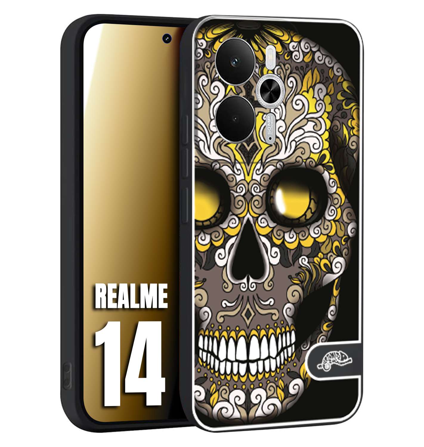 CUSTOMIZZA - Custodia cover nera morbida in tpu compatibile per Realme 14 5G teschio messicano Mexican skull nero giallo