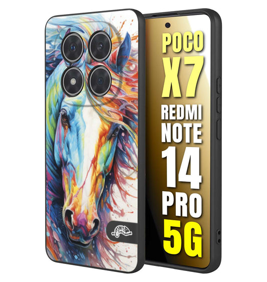 CUSTOMIZZA - Custodia cover nera morbida in tpu compatibile per Xiaomi Redmi Note 14 PRO 5G animali color cavallo horse viso colori vibranti disegnato schizzo