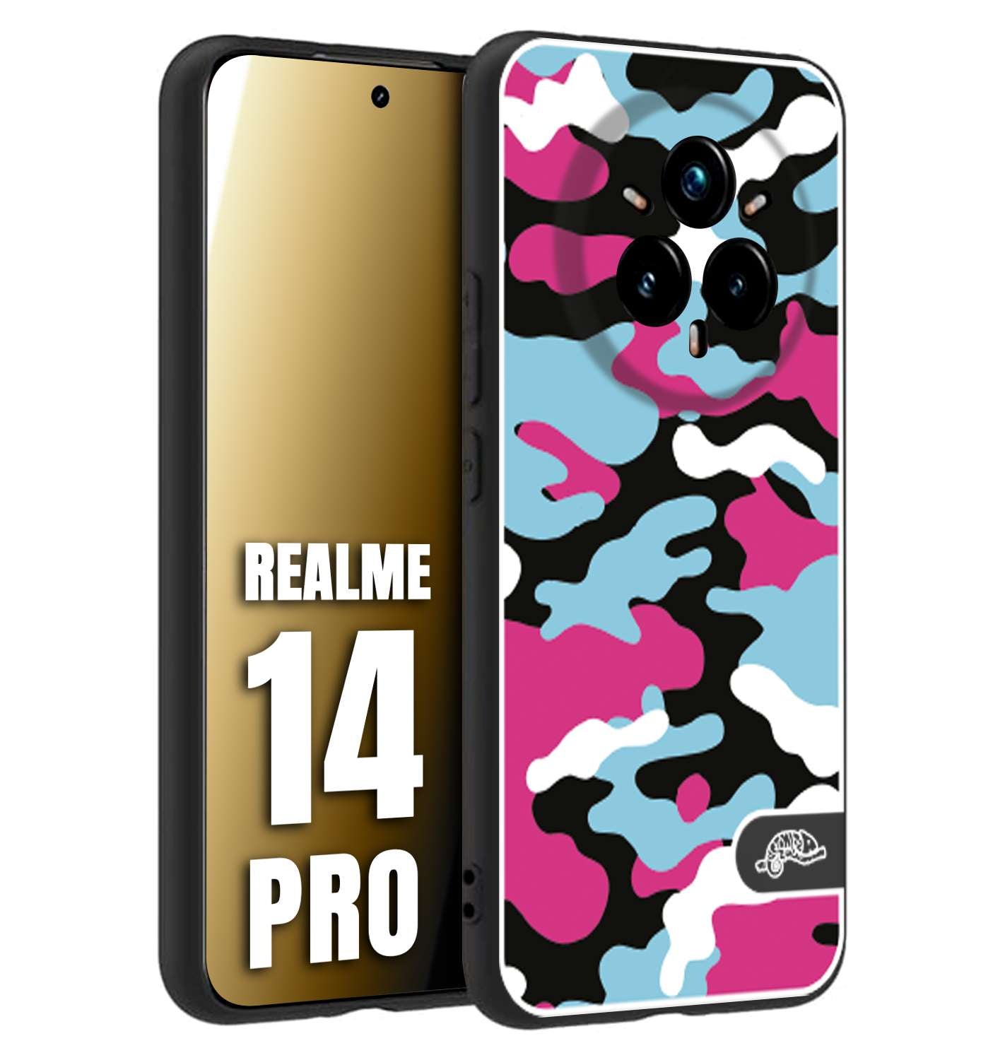 CUSTOMIZZA - Custodia cover nera morbida in tpu compatibile per Realme 14 PRO camouflage mimetico militare fucsia celeste