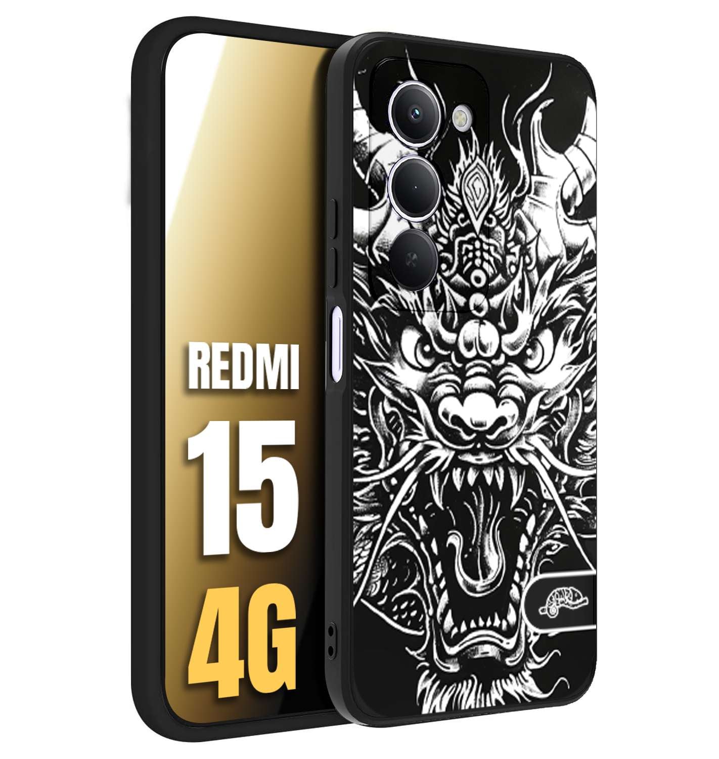 CUSTOMIZZA - Custodia cover nera morbida in tpu compatibile per Xiaomi Redmi 15 4G drago black and white bianco a rilievo disegnato tattoo tatuaggio
