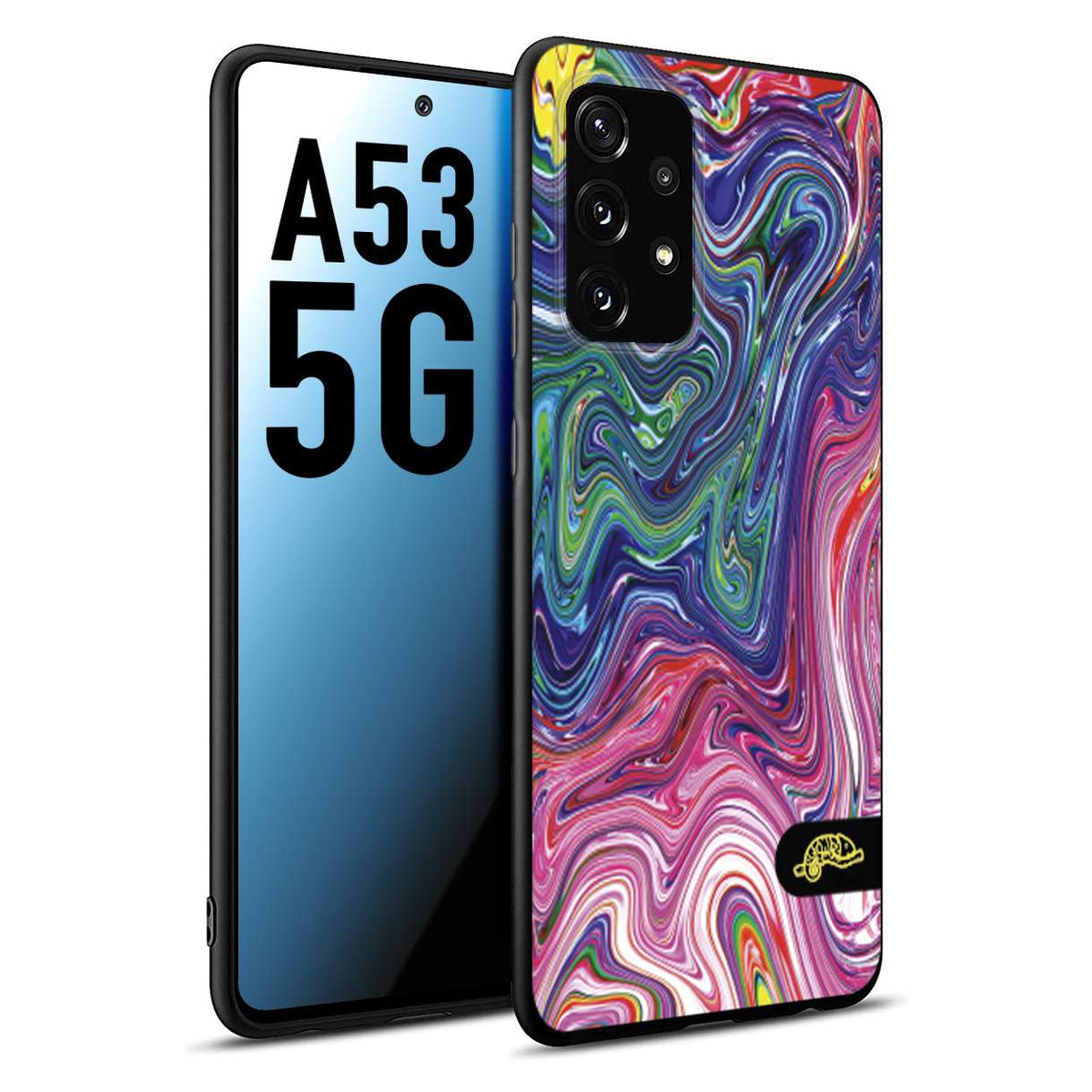 CUSTOMIZZA - Custodia cover nera morbida in tpu compatibile per Samsung A53 5G colorata fantasia vortice marmo arcobaleno rosa blu fucsia