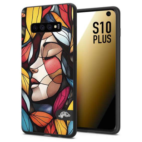 CUSTOMIZZA - Custodia cover nera morbida in tpu compatibile per Samsung S10 PLUS Vetrata artistica volto di donna profilo fogliare mosaico di vetro colorato