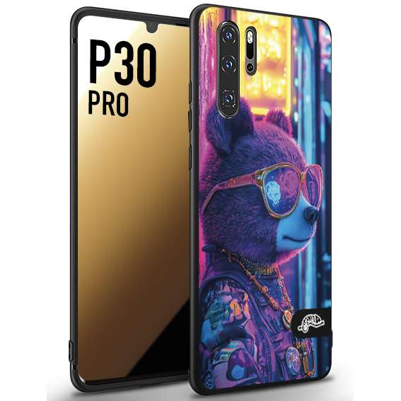CUSTOMIZZA - Custodia cover nera morbida in tpu compatibile per Huawei P30 PRO animali cyberpunk orsetto orso street bear fucsia blu night