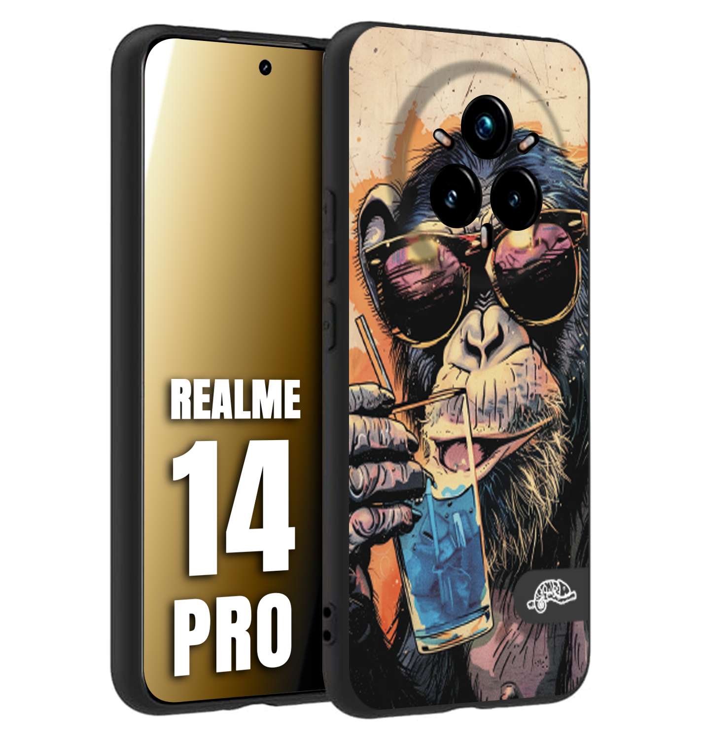 CUSTOMIZZA - Custodia cover nera morbida in tpu compatibile per Realme 14 PRO estate disegnata cocktails animali simpatici scimmia monkey negroni