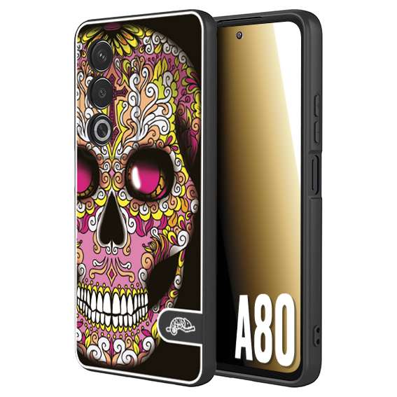 CUSTOMIZZA - Custodia cover nera morbida in tpu compatibile per Oppo A80 teschio messicano Mexican skull rosa gialla