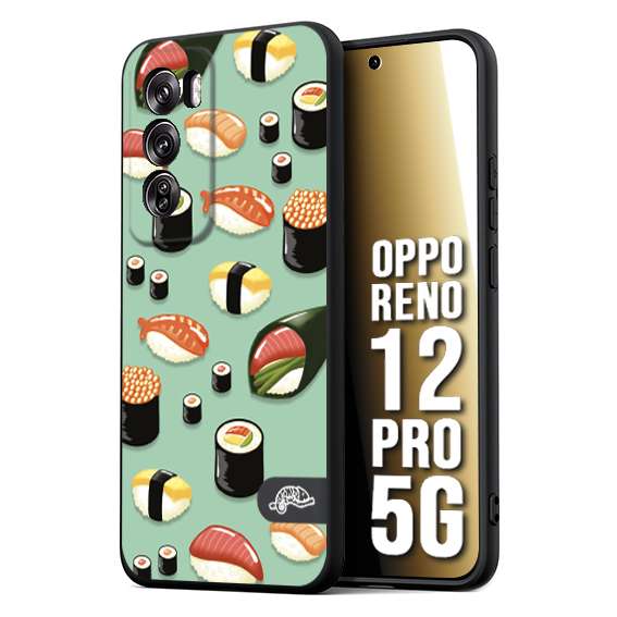 CUSTOMIZZA - Custodia cover nera morbida in tpu compatibile per Oppo Reno 12 PRO 5G sushi disegni giapponese nighiri acquamarina verde