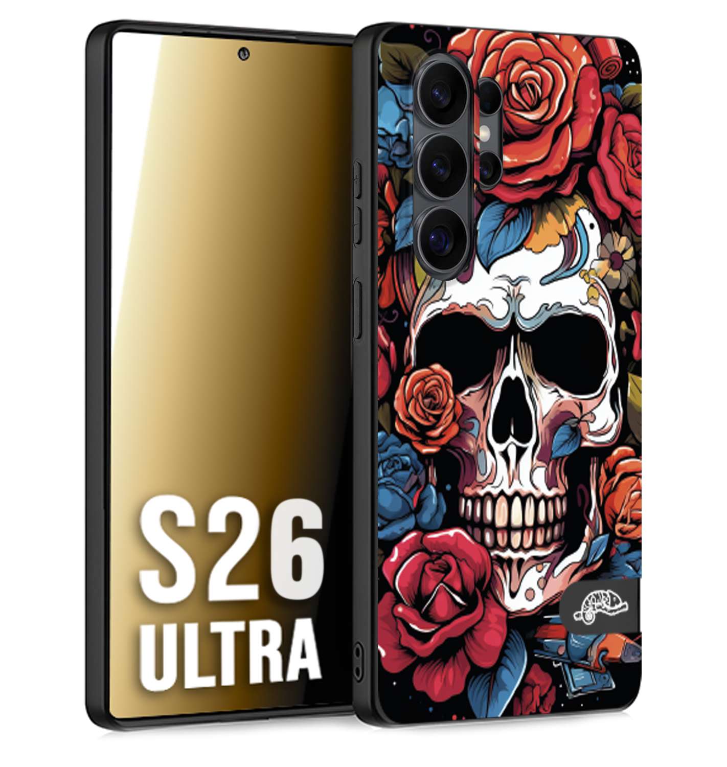 CUSTOMIZZA - Custodia cover nera morbida in tpu compatibile per Samsung S26 ULTRA teschio skull flowers fiori rose rosse tattoo disegnato