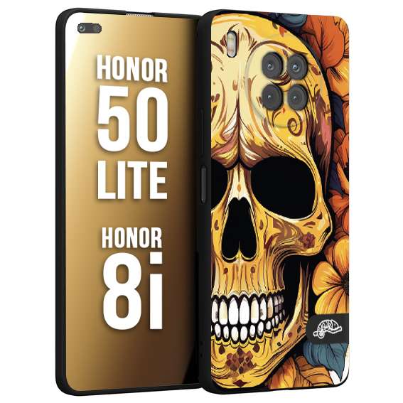 CUSTOMIZZA - Custodia cover nera morbida in tpu compatibile per Honor 8i - Honor 50 LITE teschio messicano colorato dorato fiori autunnali disegnato
