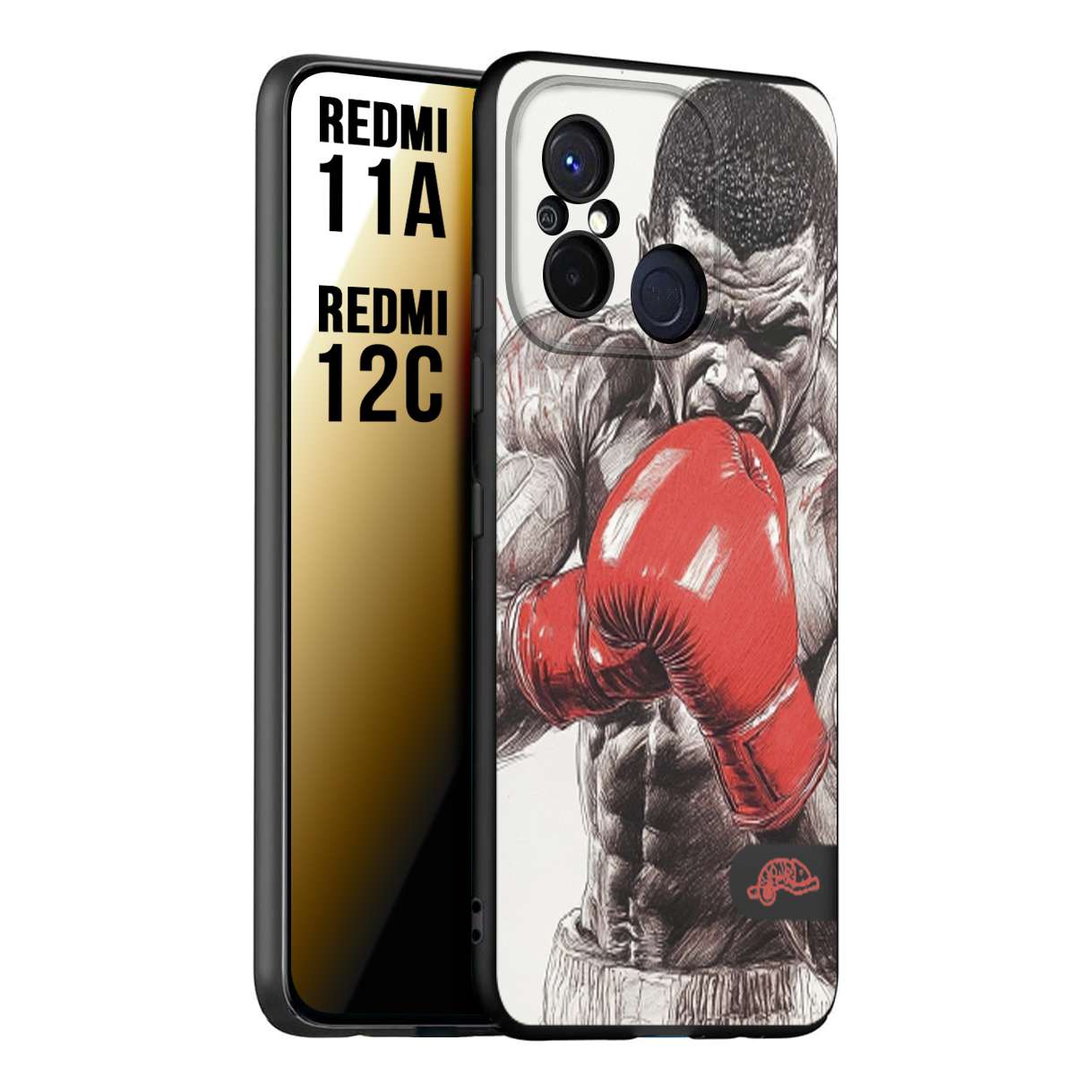 CUSTOMIZZA - Custodia cover nera morbida in tpu compatibile per Xiaomi Redmi 11A - 12C pugilato pugili disegno tattoo guantoni box pesi massimi gancio