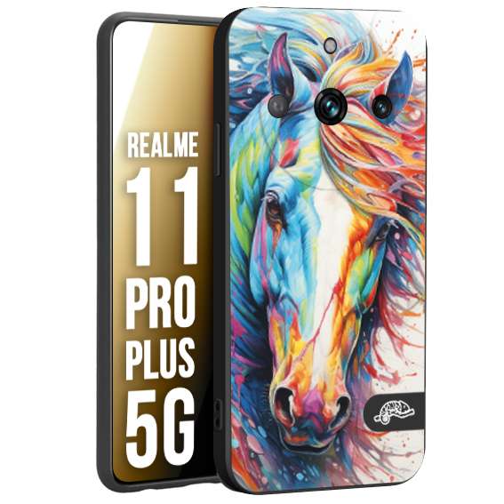 CUSTOMIZZA - Custodia cover nera morbida in tpu compatibile per Oppo Realme 11 PRO PLUS 5G animali color cavallo horse viso colori vibranti disegnato schizzo