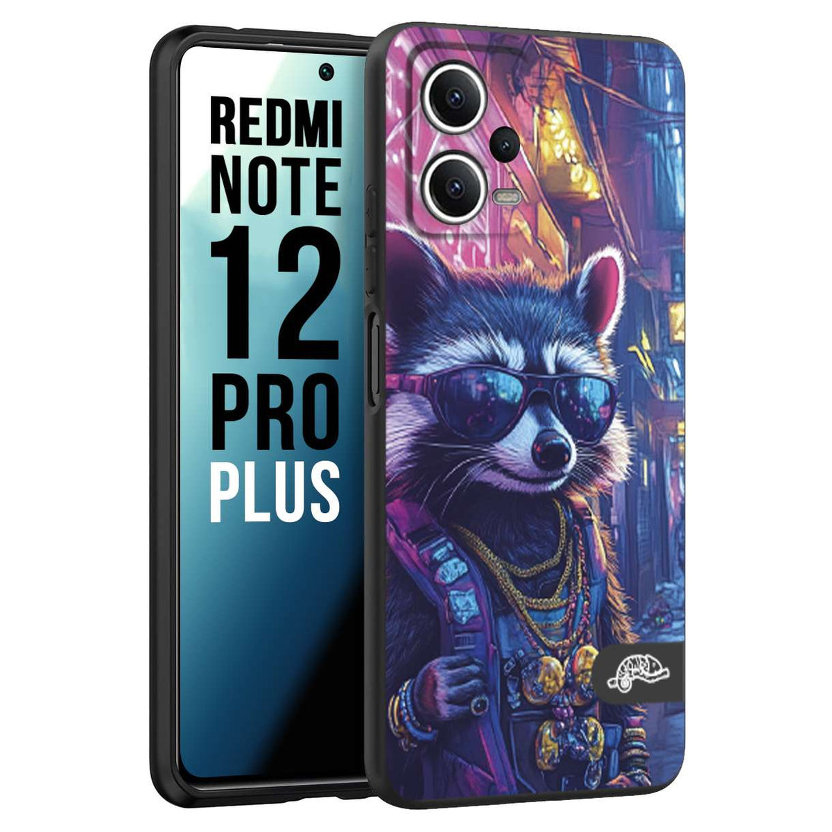 CUSTOMIZZA - Custodia cover nera morbida in tpu compatibile per Xiaomi Redmi Note 12 PRO PLUS animali simpatici cyberpunk procione racoon street cat fucsia blu giallo