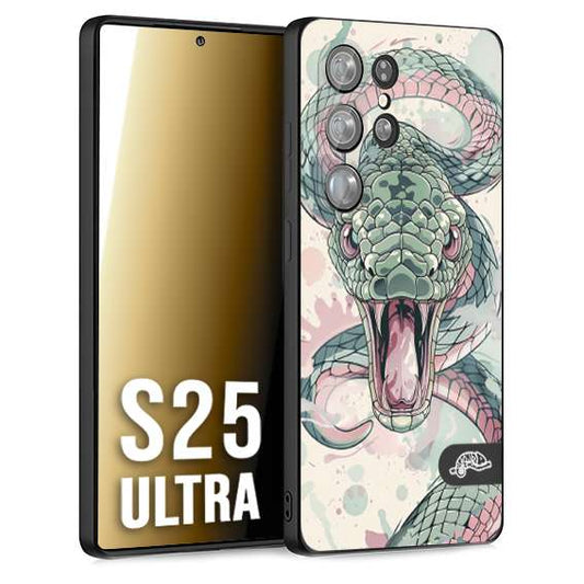 CUSTOMIZZA - Custodia cover nera morbida in tpu compatibile per Samsung S25 ULTRA snake pink green serpente tatuaggio tattoo disegnato a mano
