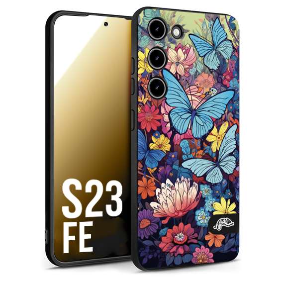 CUSTOMIZZA - Custodia cover nera morbida in tpu compatibile per Samsung S23 FE farfalle butterfly moderno donna disegnate gialla blu rosa