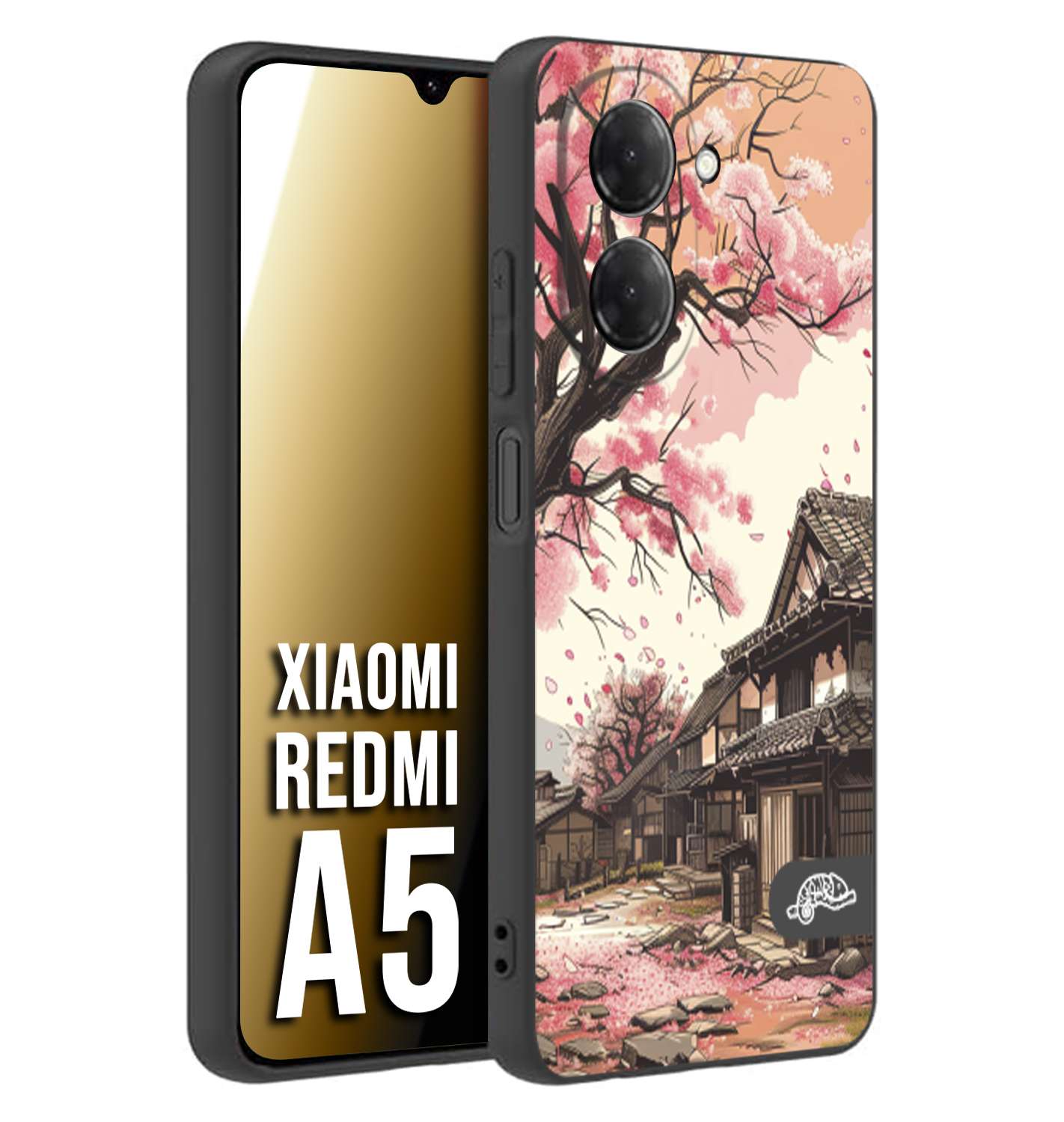 CUSTOMIZZA - Custodia cover nera morbida in tpu compatibile per Xiaomi Redmi A5 casa giapponese rosa ciliegio in fiore disegnata tattoo