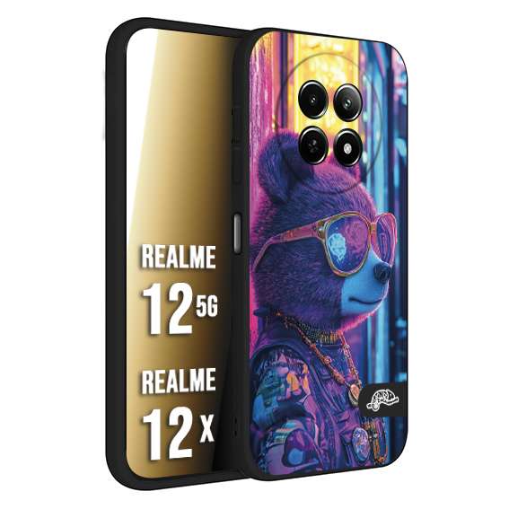 CUSTOMIZZA - Custodia cover nera morbida in tpu compatibile per Realme 12 5G - 12X animali cyberpunk orsetto orso street bear fucsia blu night