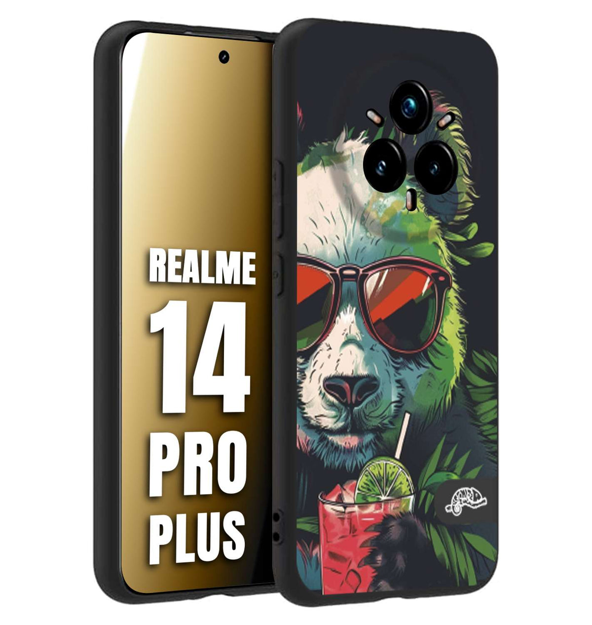 CUSTOMIZZA - Custodia cover nera morbida in tpu compatibile per Realme 14 PRO PLUS estate disegnata cocktails animali simpatici panda mojito