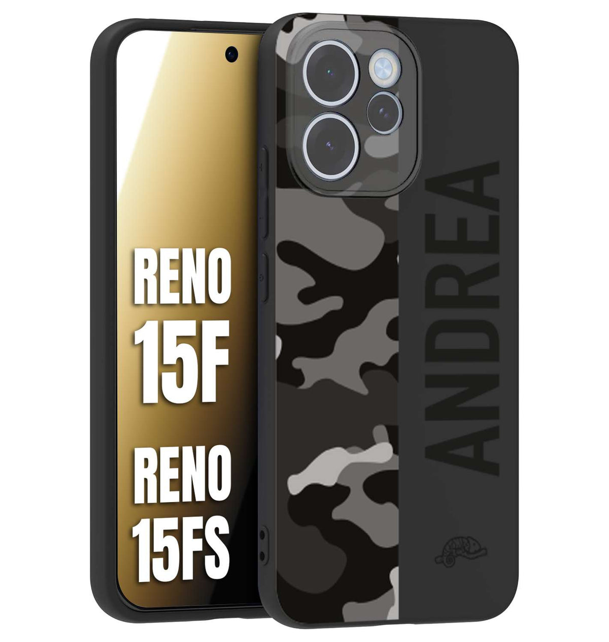 CUSTOMIZZA - Custodia cover nera morbida in tpu compatibile per Oppo Reno 15 F - Reno 15 FS camouflage mimetico militare personalizzata nome