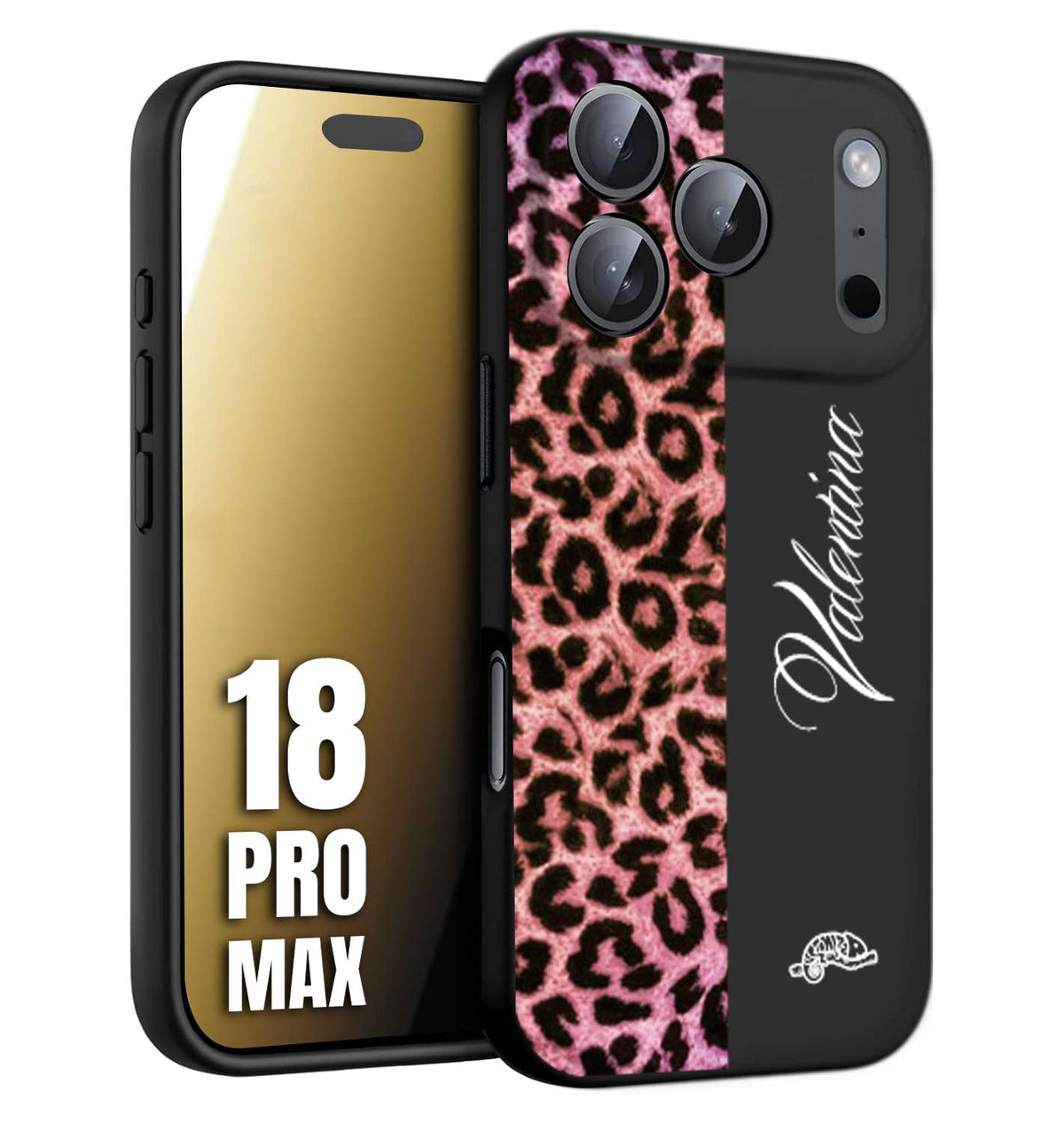 CUSTOMIZZA - Custodia cover nera morbida in tpu compatibile per iPhone 18 PRO MAX leopardato rosa fucsia personalizzata nome iniziali
