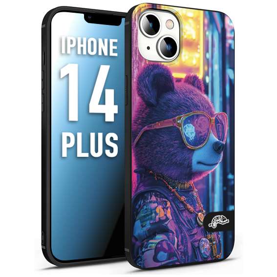 CUSTOMIZZA - Custodia cover nera morbida in tpu compatibile per iPhone 14 PLUS animali cyberpunk orsetto orso street bear fucsia blu night