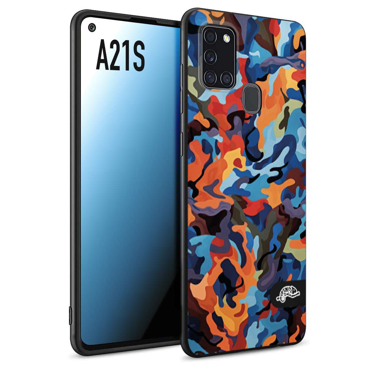 CUSTOMIZZA - Custodia cover nera morbida in tpu compatibile per Samsung A21S camouflage mimetico militare moderno blu arancio rosso