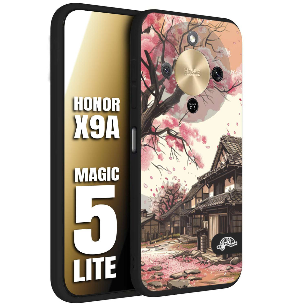 CUSTOMIZZA - Custodia cover nera morbida in tpu compatibile per Honor X9A - Honor Magic 5 Lite casa giapponese rosa ciliegio in fiore disegnata tattoo