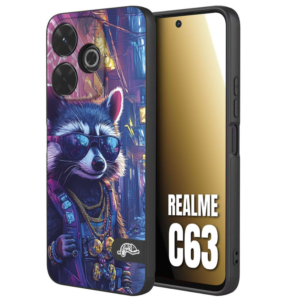 CUSTOMIZZA - Custodia cover nera morbida in tpu compatibile per Realme C63 animali simpatici cyberpunk procione racoon street cat fucsia blu giallo
