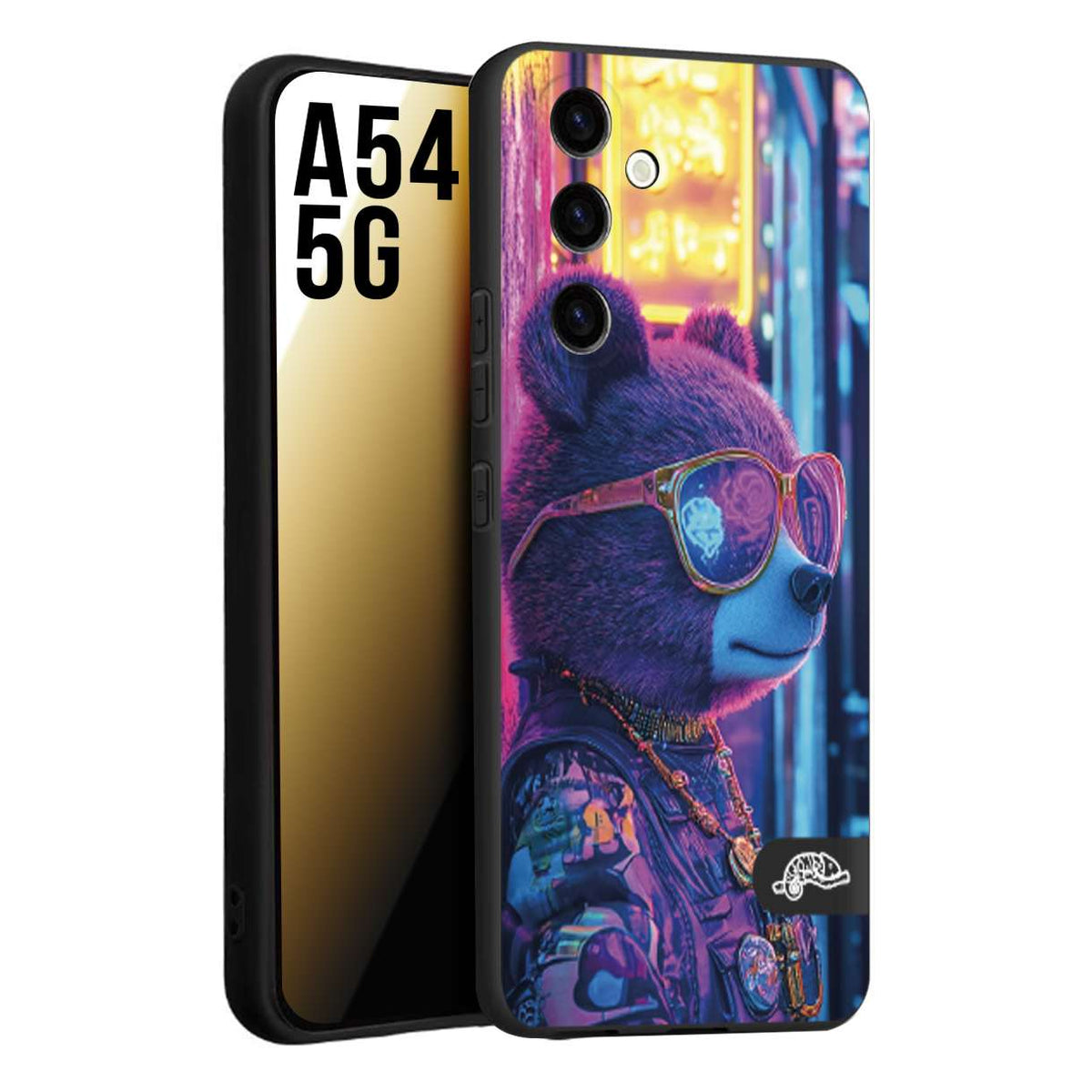 CUSTOMIZZA - Custodia cover nera morbida in tpu compatibile per Samsung A54 5G animali cyberpunk orsetto orso street bear fucsia blu night